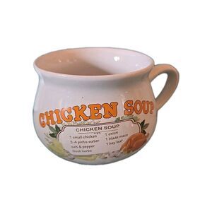 Vintage Chicken Soup Ceramic Recipe Mug Bowl With Handle Cup Orange Letters Vtg